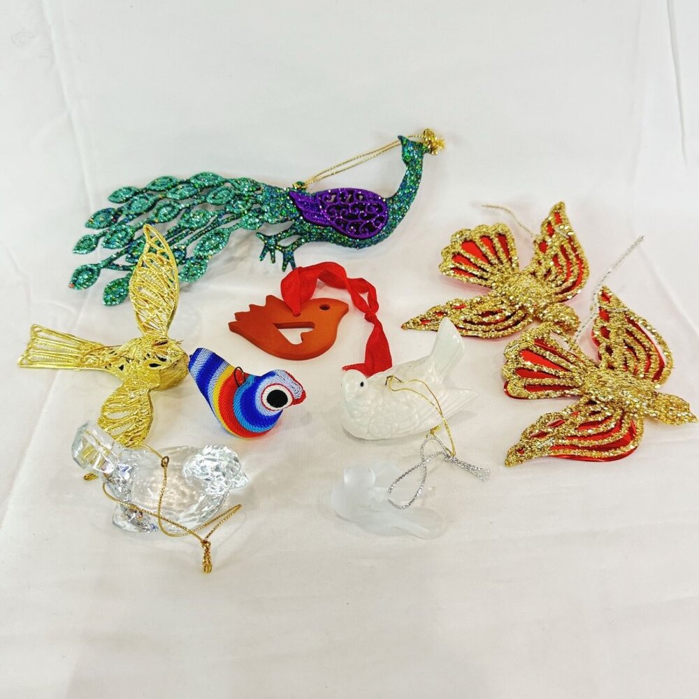 Variety Of 9 Vintage Colourful Glitter Birds Christmas Ornaments Please Read
